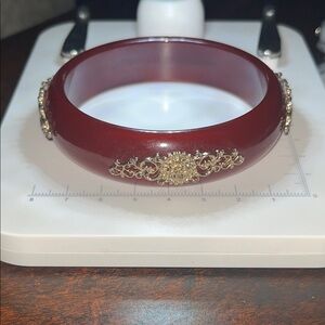 Vintage Burgundy/Red Lucite Bangle with Gold Filigree Panels